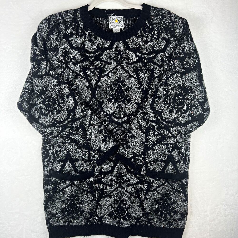 Vintage Crescendo Black Gray Floral Jacquard Sweater Shoulder Pads Size Small